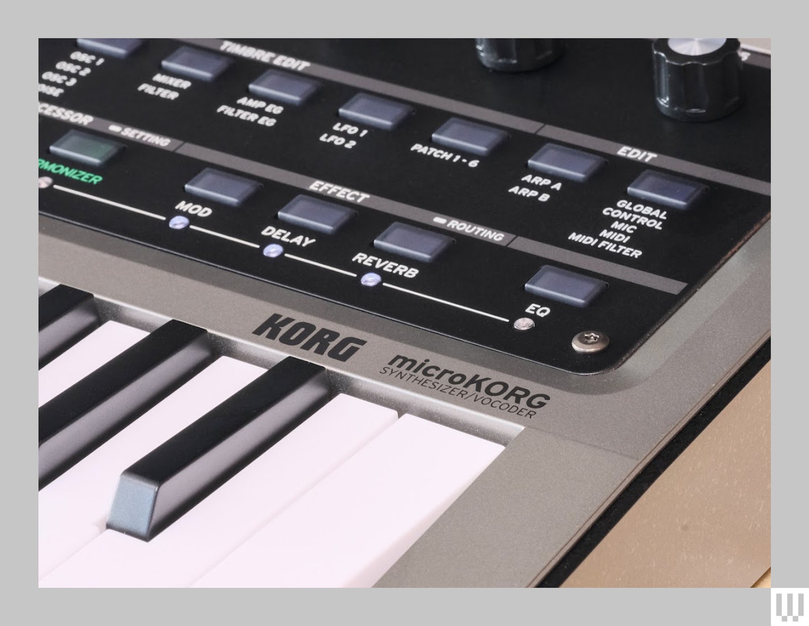 Close up of the Roland Micro Korg 2 a music keyboard synthesizer showing the buttons for effects