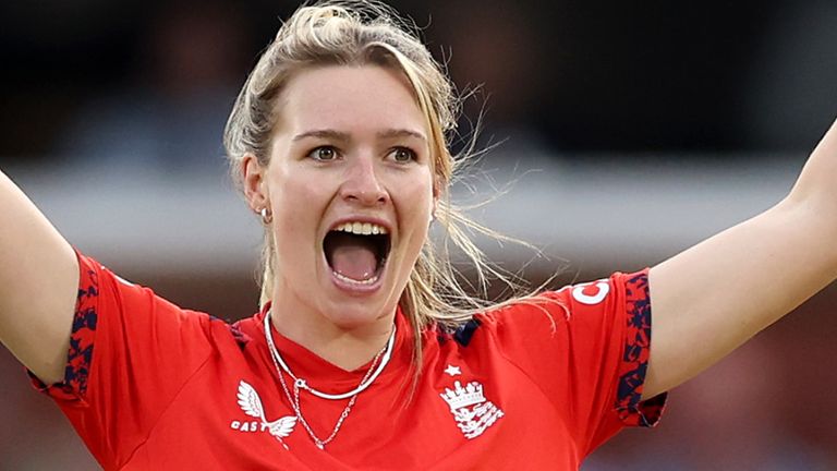 Lauren Bell celebrates taking Georgia Plimmer's wicket in the fifth T20I at Lord's