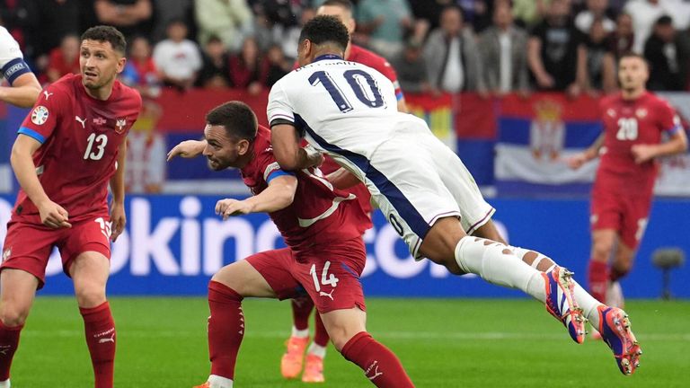 Jude Bellingham scores England's opening goal against Serbia