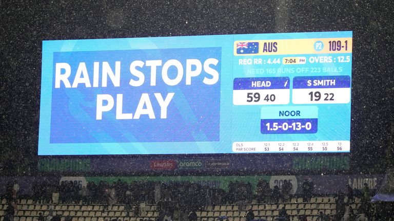 Fans take shelter under a big screen displaying massage rain stops the play