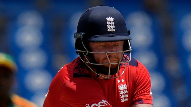 England's Jonny Bairstow plays a shot during the ICC Men's T20 World Cup cricket match between England and South Africa at Darren Sammy National Cricket Stadium in Gros Islet, Saint Lucia, Friday, June 21, 2024. (AP Photo/Ramon Espinosa)
