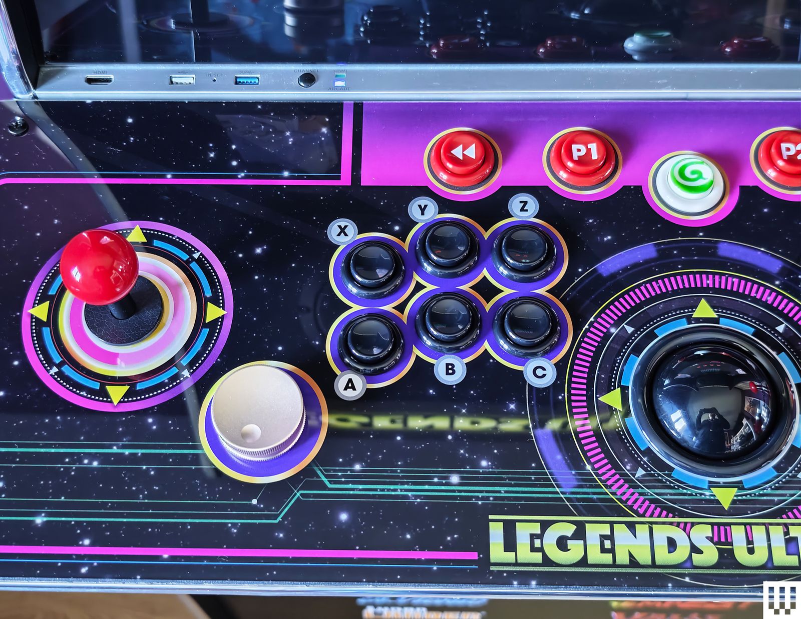 Closeup of the joysticks and buttons on the At Games Legends Ultimate H.D. Arcade machine