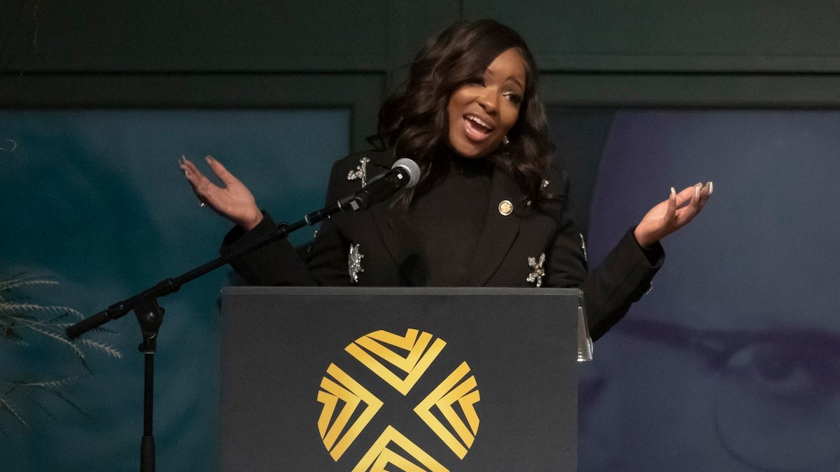 Rep. Jasmine Crockett speaks at the 60th Annual Commemoration Of El-Hajj Malik El-Shabazz, Malcolm X on Feb. 21, 2025 in New York City.