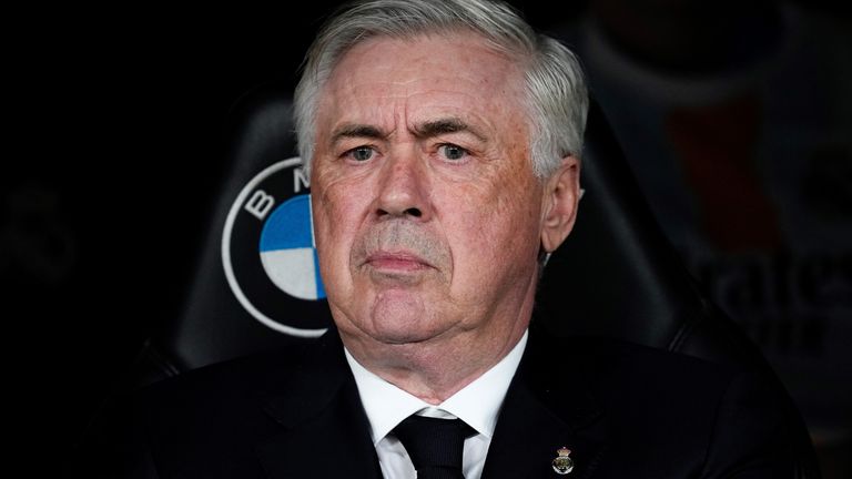 Carlo Ancelotti, head coach of Real Madrid, looks on during the Spanish League, LaLiga EA Sports, football match played between Real Madrid and Valencia CF at Santiago Bernabeu stadium on April 05, 2025, in Madrid, Spain. AFP7 05/04/2025 (Europa Press via AP)