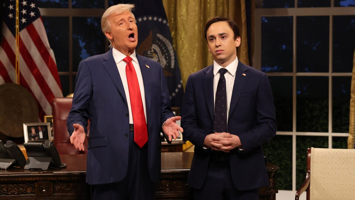 SATURDAY NIGHT LIVE -- Episode 1878 -- Pictured: (l-r) James Austin Johnson as Donald Trump and Marcello Hernández as Marco Rubio during the "Trump Musk Rubio" Cold Open on Saturday, March 8, 2025 -- (Photo by: Will Heath/NBC via Getty Images)