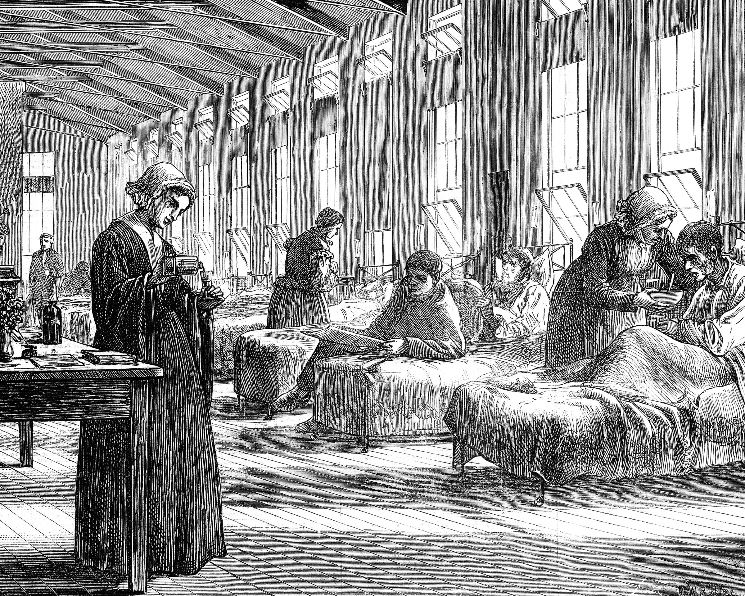 An engraving from the London News of a smallpox ward in a hospital in England in the 1870s.
