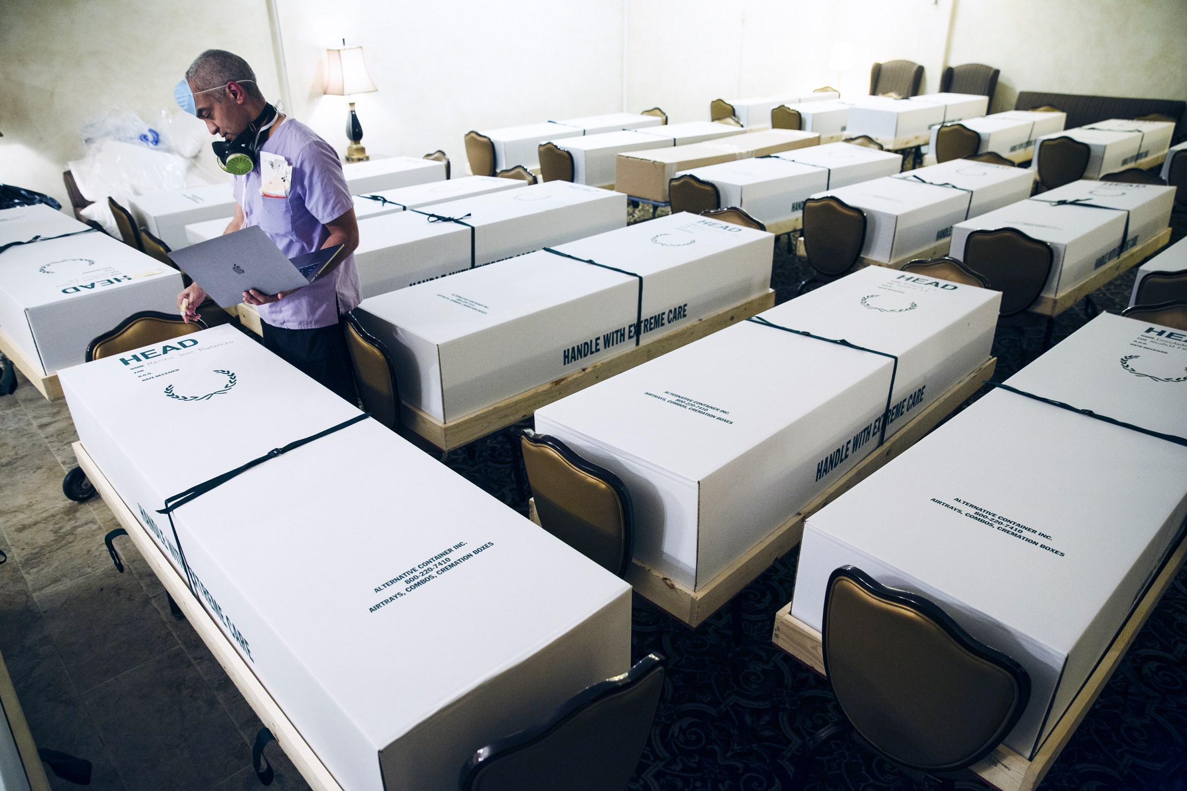 Cremation boxes with bodies of suspected Covid-19 patients in 2020.