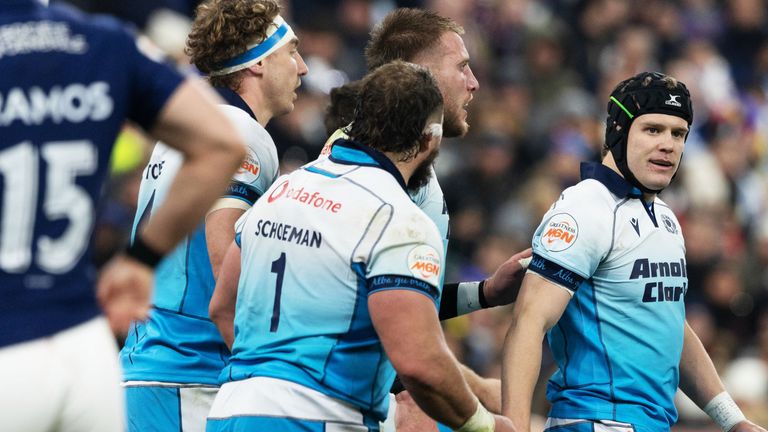 PARIS, FRANCE - MARCH 15: Scotland's Darcy Graham celebrates a first half try during a Guinness Six Nations match between France and Scotland at the Stade de France, on March 15, 2025, in Paris, France. (Photo by Craig Williamson / SNS Group)