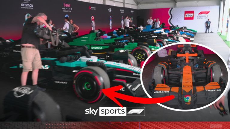 Craig Slater checks out the life-size Lego F1 cars that took 22,000 hours to make displayed at the Miami Grand Prix.