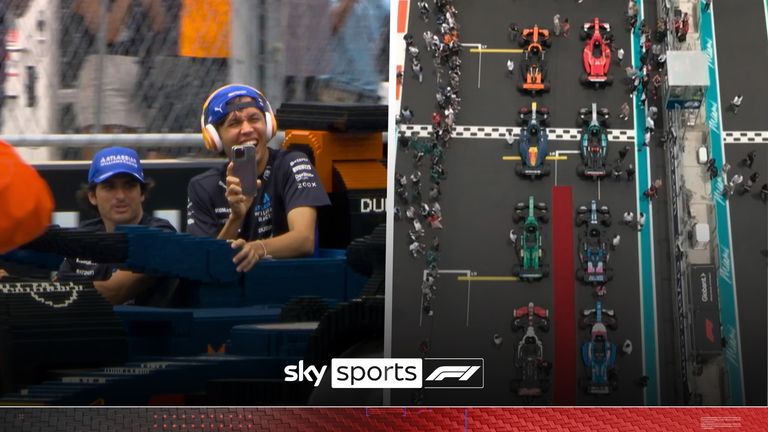 Watch as the drivers take to their life-size Lego F1 cars for the track parade in Miami.