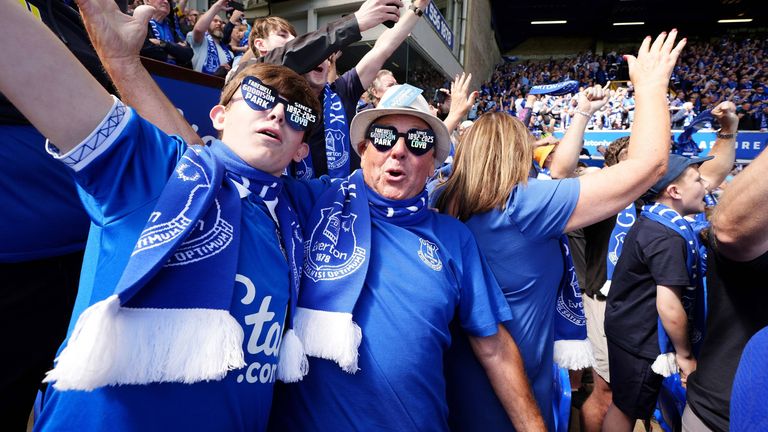 Everton fans build the atmosphere before the final Premier League game at Goodison Park