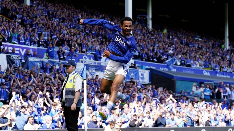 Goalscorer Iliman Ndiaye celebrates in front of the home fans at Goodison Park