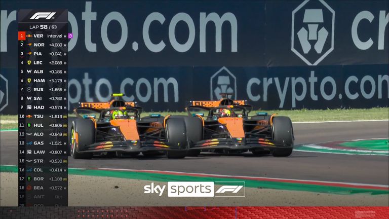 Lando Norris just gets past teammate Oscar Piastri to take second during the Emilia Romagna Grand Prix.