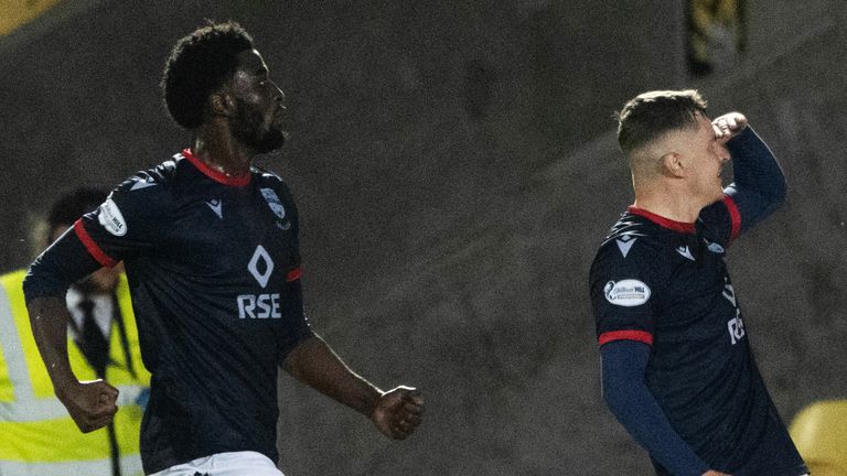 LIVINGSTON, SCOTLAND - MAY 22: Ross County...s Ronan Hale celebrates after scoring to make it 1-1 during a William Hill Premiership Play-Off Final first leg match between Livingston and Ross County at the Home of the Set Fare Arena, on May 22, 2025, in Livingston, Scotland. (Photo by Paul Devlin / SNS Group)