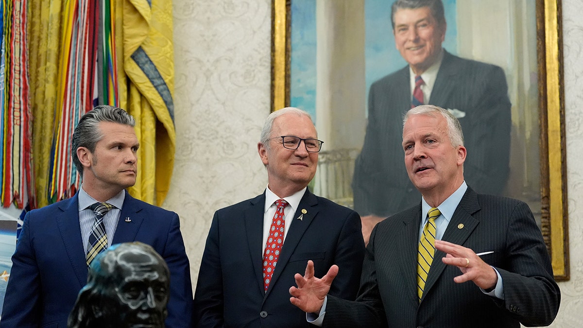 Sen. Dan Sullivan, Sen. Kevin Cramer, and Defense Secretary Pete Hegseth in Oval Office