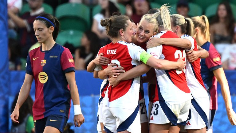 Stina Blackstenius (centre) celebrates scoring for Arsenal during the Women's Champions League final against Barcelona