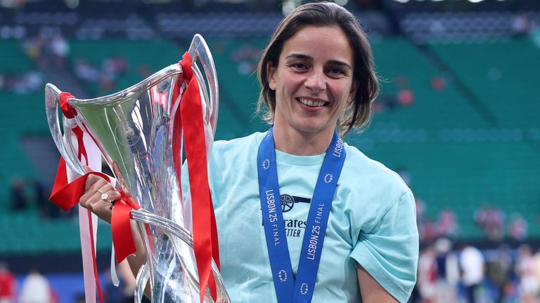 Arsenal Women head coach Renee Slegers with the Women's Champions League trophy
