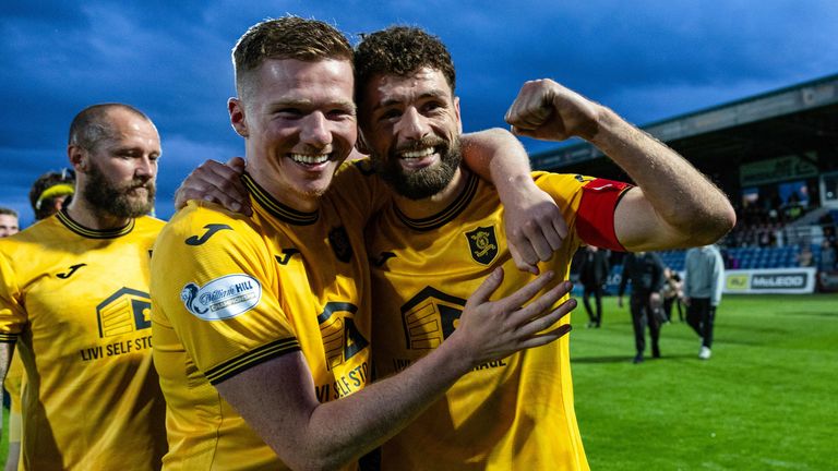 Livingston celebrate promotion back to the Scottish Premiership