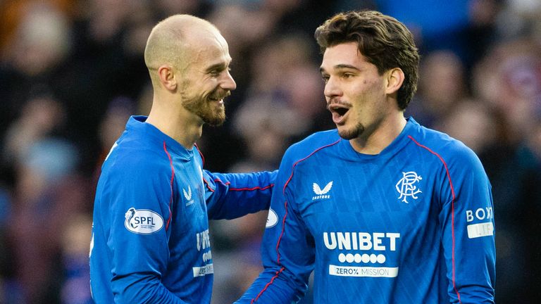 GLASGOW, SCOTLAND - FEBRUARY 02: Rangers' Ianis Hagi (R) celebrates scoring to make it 2-0 with teammate Vaclav Cerny during a William Hill Premiership match between Rangers and Ross County at Ibrox Stadium, on February 02, 2025, in Glasgow, Scotland.  (Photo by Alan Harvey / SNS Group)