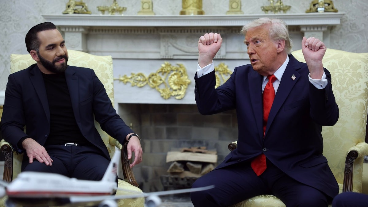 President Donald Trump meets with President Nayib Bukele of El Salvador in the Oval Office of the White House April 14, 2025, in Washington, D.C.