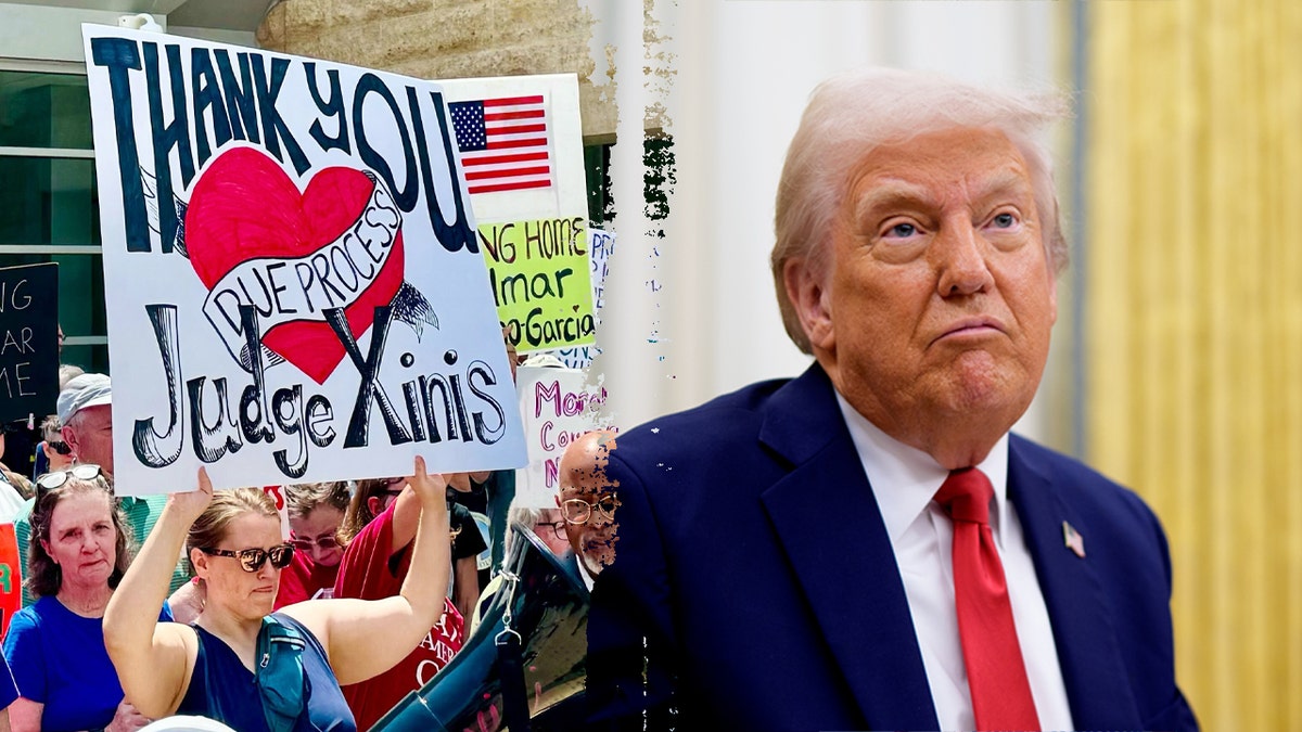 Split photo showing protesters demanding return of Kilmar Abrego Garcia and President Donald Trump