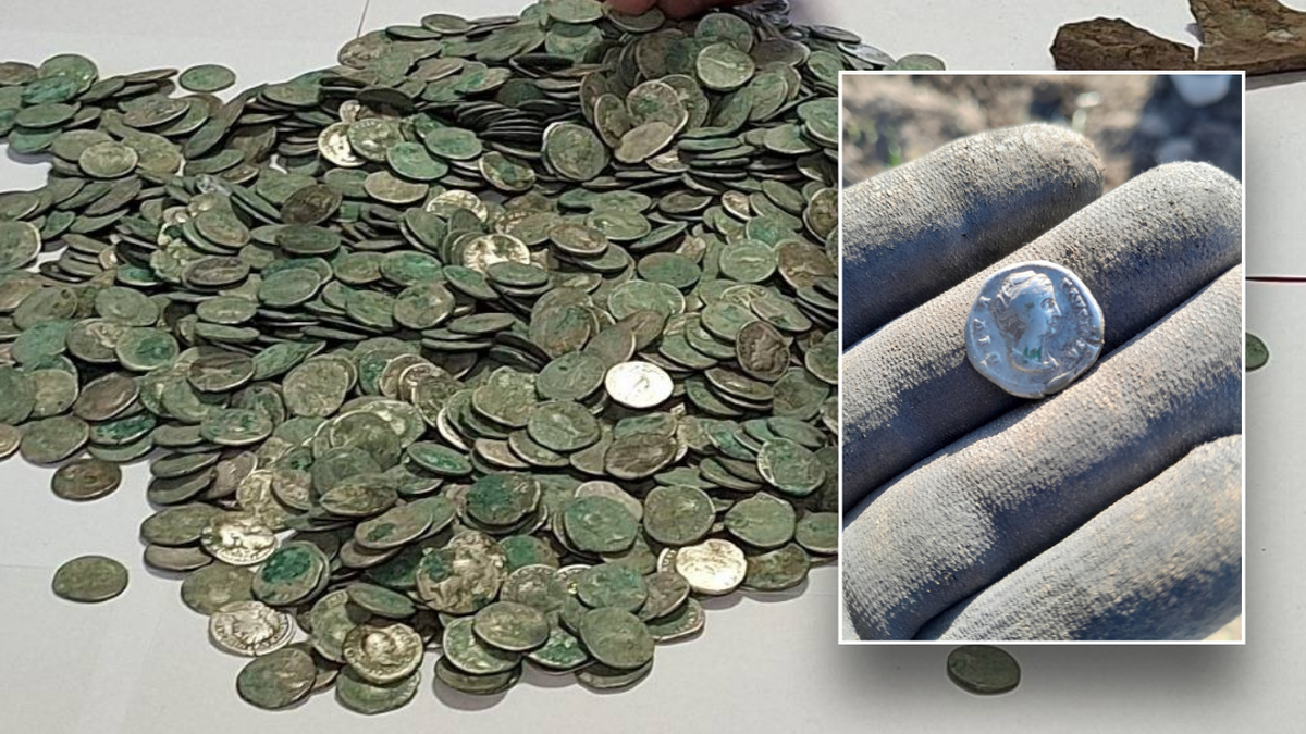 Split image of coin hoard and hand holding coin
