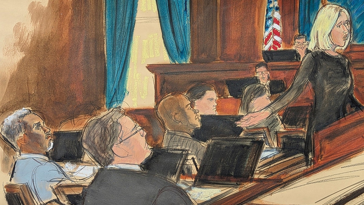 A sketch showing lawyers and P. Diddy in court.