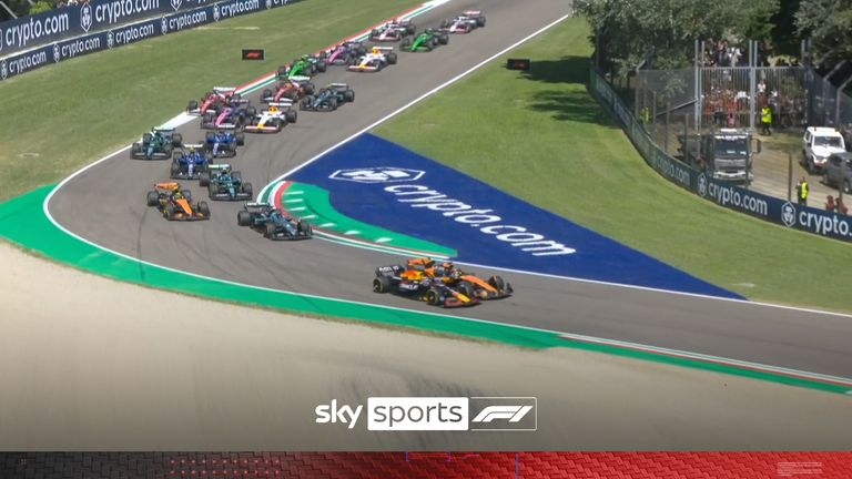 Max Verstappen brilliantly gets his elbows out to take the lead on the opening lap of the  Emilia Romagna Grand Prix.