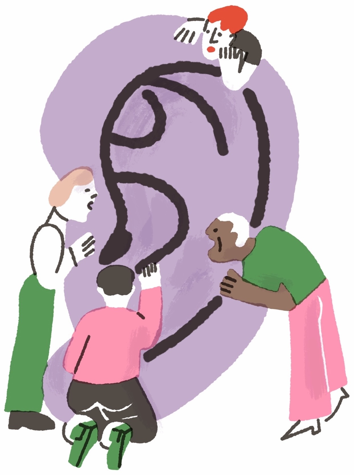 Four people crowd around a large purple human ear, each saying something into it.