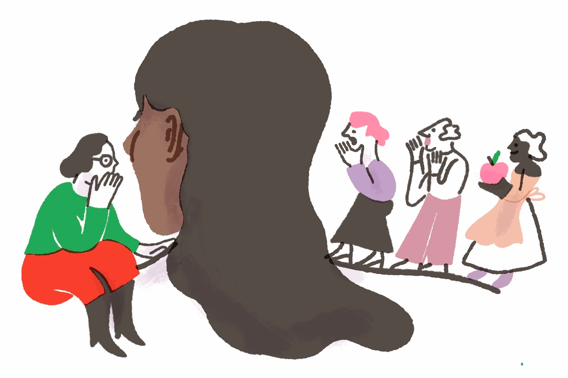 A woman’s head and shoulders, with long dark hair and brown skin, are seen from behind. On one shoulder, a figure of another woman sits whispering into her ear, while on the other, three more women are lined up.