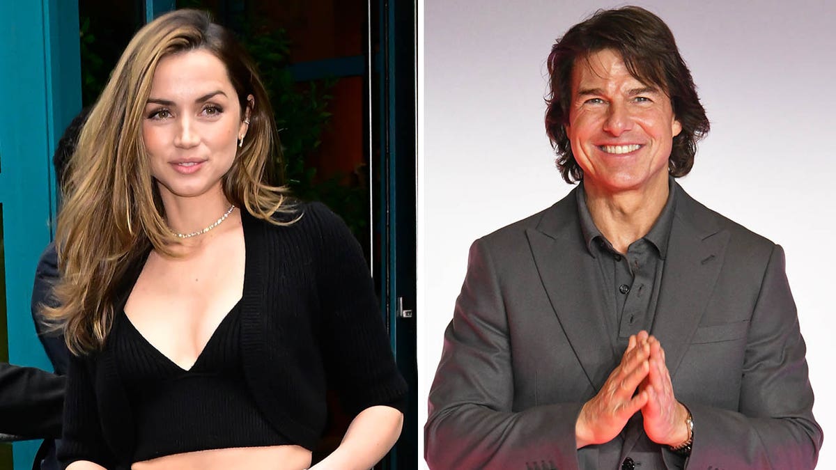 ana de armas smiling while wearing black/tom cruise smiling while clasping hands