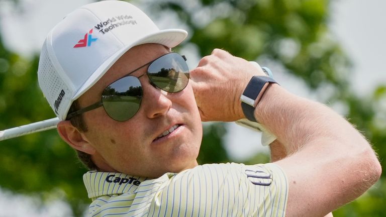 Ben Griffin hits from the fifth tee during the final round of the Memorial golf tournament Sunday, June 1, 2025, in Dublin, Ohio. (AP Photo/Sue Ogrocki)