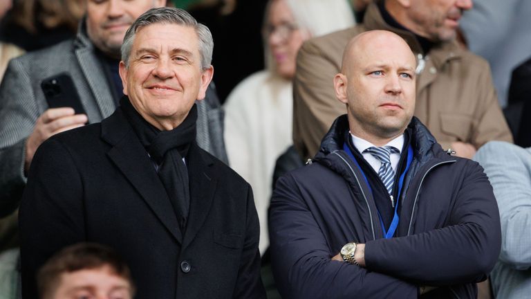 Healthcare tycoon Andrew Cavenagh (L) has been joined by 49ers technical director Gretar Steinsson at Rangers matches this season