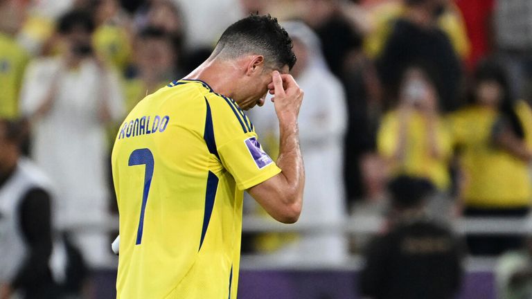 Al Nassr's Cristiano Ronaldo reacts after his team lost to Kawasaki Frontale during a AFC Champions League Elite semifinal soccer match at Alinma Stadium in Jeddah, Saudi Arabia, Wednesday, April 30, 2025. (AP Photo/Ali Issa)