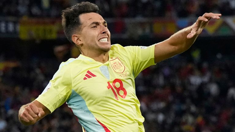 Spain's Martin Zubimendi celebrates scoring his side's opening goal during the Nations League final (AP Photo/Martin Meissner)