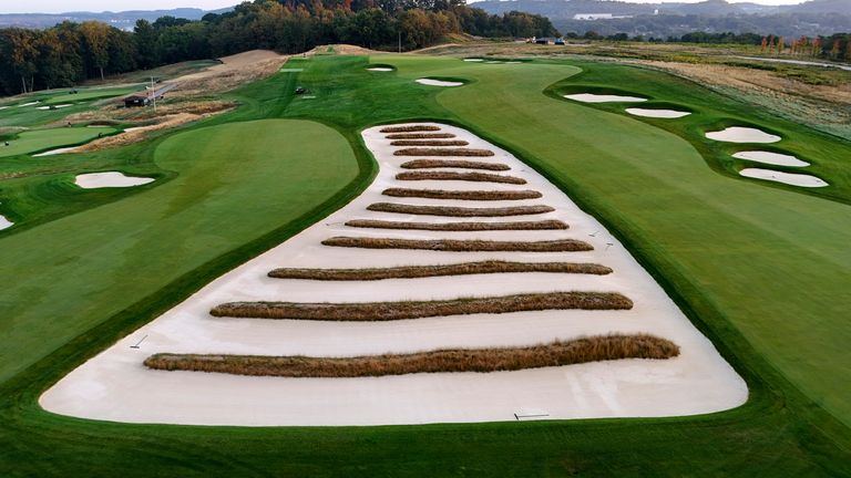 This is the Church Pews bunker between the third fairway (right) and fourth fairway (left)