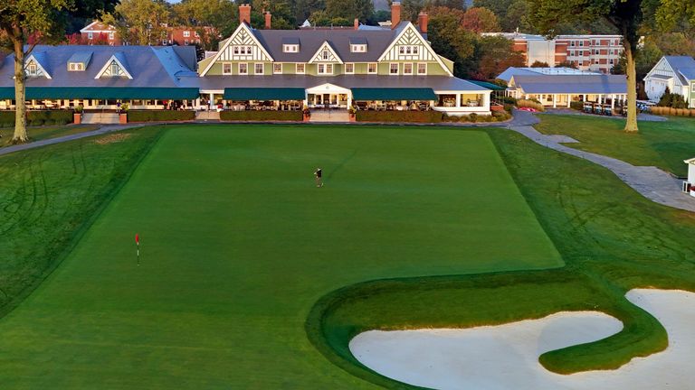 FILE - This is the ninth green in front of the clubhouse at Oakmont Country Club in Oakmont, Pa., Monday, Sept. 16, 2024, the course for the 2025 U.S. Open golf tournament. (AP Photo/Gene J. Puskar, File)