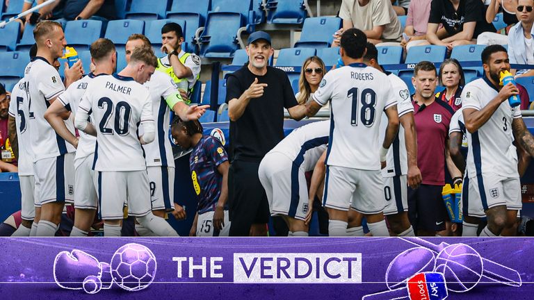 England's coach Thomas Tuchel, center, gives instructions to his players during a World Cup 2026 group K qualifying soccer match between Andorra and England at the RCDE Stadium in Barcelona, Spain, Saturday, June 7, 2025. (