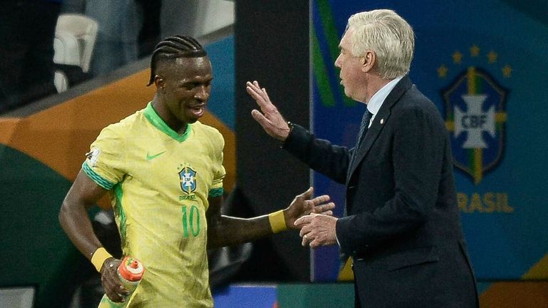 Vinicius celebrated with Carlo Ancelloti after putting Brazil 1-0 up
