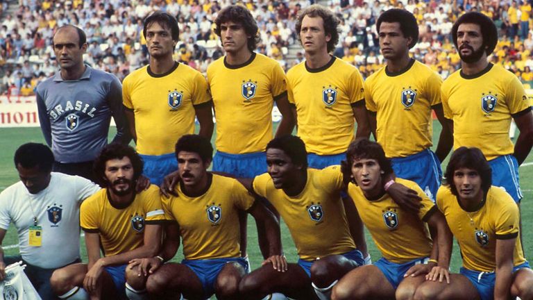 Brazil Team line up back row (l-R) Valdir Perez, Josè Leandro Fereira, Oscar, Roberto Falcao, Luizinho, Junior front row (L-R) massage thera