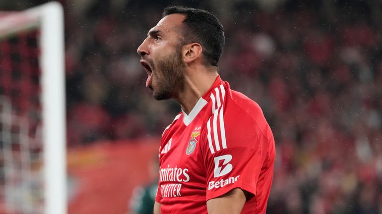 Vangelis Pavlidis celebrates after scoring for Benfica 