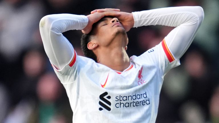 Liverpool defender Jarell Quansah reacts as Liverpool lose at Plymouth