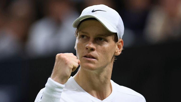 Jannik Sinner of Italy reacts during his singles second-round match against Matteo Berrettini of Italy on day three of the Wimbledon tennis championships at The All England Lawn Tennis and Croquet Club in London, Wednesday, July 3, 2024. ( The Yomiuri Shimbun via AP Images )