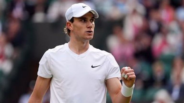 Jack Draper reacts during his match against Cameron Norrie (not pictured) on day four of the 2024 Wimbledon Championships at the All England