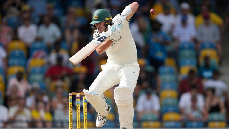 Australia's captain Pat Cummins avoids a delivery of West Indies' Jayden Seales during day one of the first cricket Test match at Kensington Stadium in Bridgetown, Barbados, Wednesday, June 25, 2025. (AP Photo/Ricardo Mazalan)