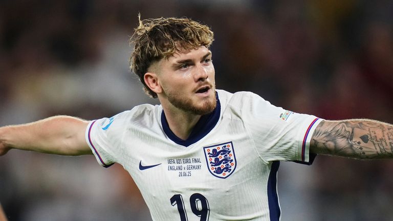 England's Harvey Elliott celebrates after scoring the opening goal during the European U-21 Championship final soccer match between England and Germany at the National Football Stadium in Bratislava, Slovakia, Saturday, June 28, 2025. (AP Photo/Petr David Josek)