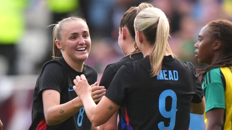 Georgia Stanway is congratulated after scoring England's fourth goal against Jamaica 