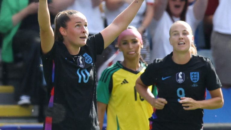 Ella Toone celebrates after giving England a first-half lead against Jamaica