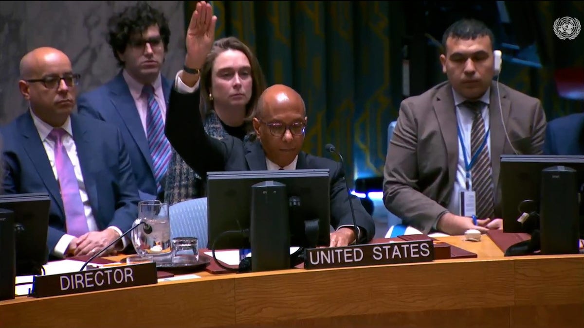 US UN Ambassador Robert Wood votes against, and vetoes, a draft resolution on Israel at the U.N. Security Council. November 20, 2024.