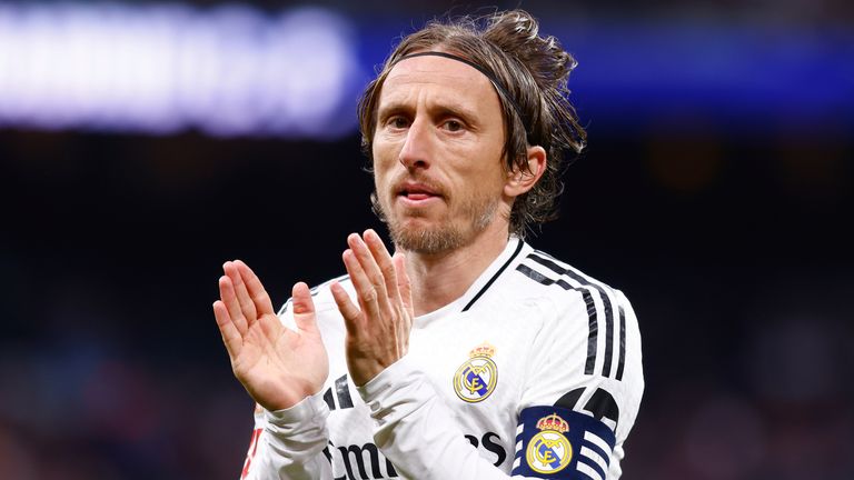 Luka Modric of Real Madrid saludates to the supporters during the Spanish League, LaLiga EA Sports, football match played between Real Madrid and Girona FC at Santiago Bernabeu stadium on February 23, 2025, in Madrid, Spain. AFP7 23/02/2025 (Europa Press via AP)